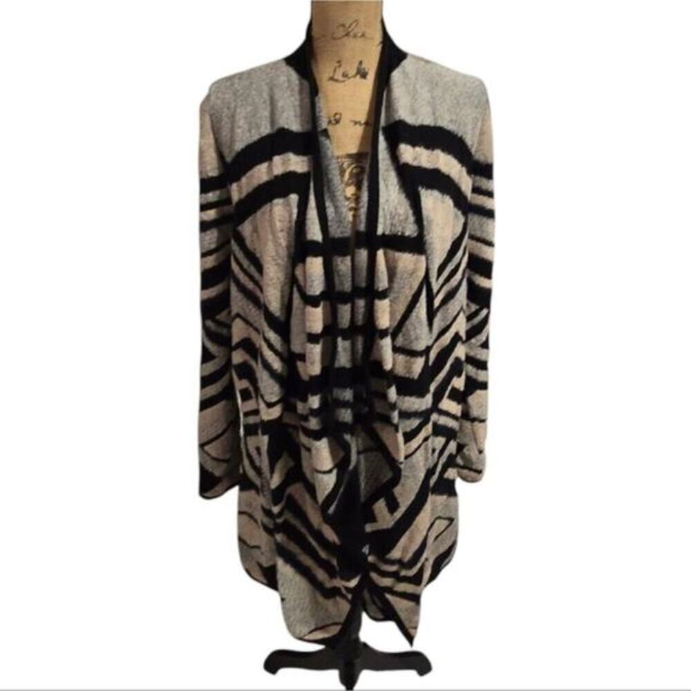 Lucky Brand Women's Geometric Print Open Front Cardigan Sweater Large Black Grey